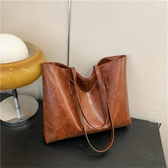 Large Capacity Tote Bag PU Leather Textured Solid Shoulder Bag