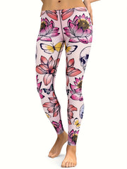 Women's Skull Butterfly Lotus Print Tight Pants for Yoga & Running