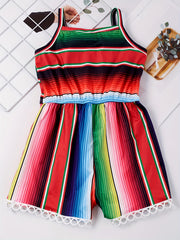 Toddler Girls Colorful Striped Graphic Lace Trim Cami Rompers Jumpsuits