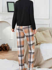 Bear Print Pajama Set Long Sleeve Top & Plaid Pants