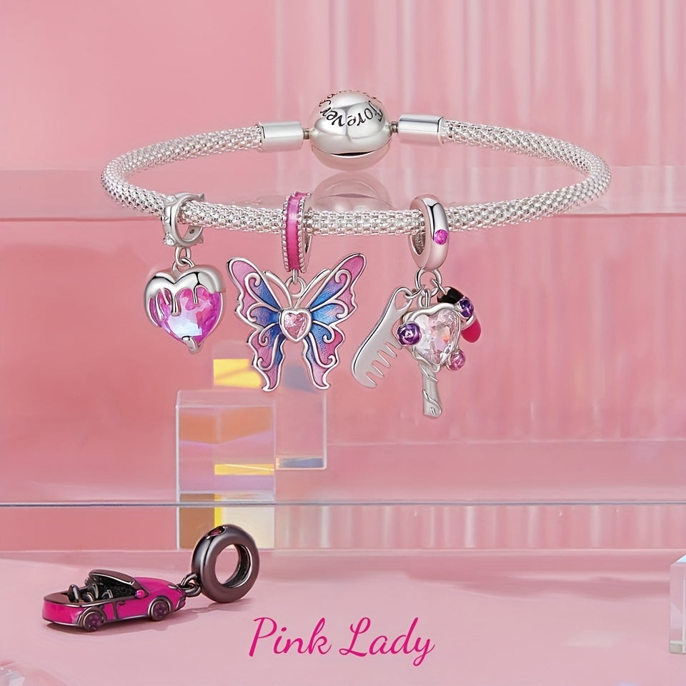 PANPOKI 925 Silver Pink Crystal Heart Pendant, DIY Fine Jewelry