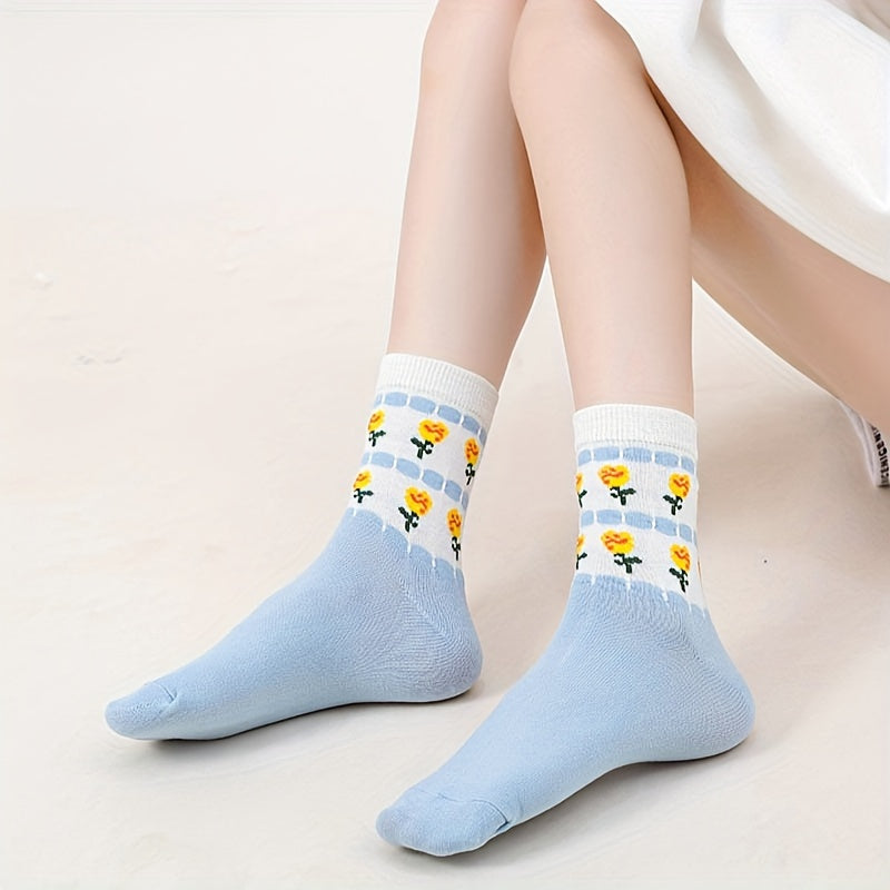 5 Pairs Floral Print Socks Comfy & Breathable Mid Tube Socks