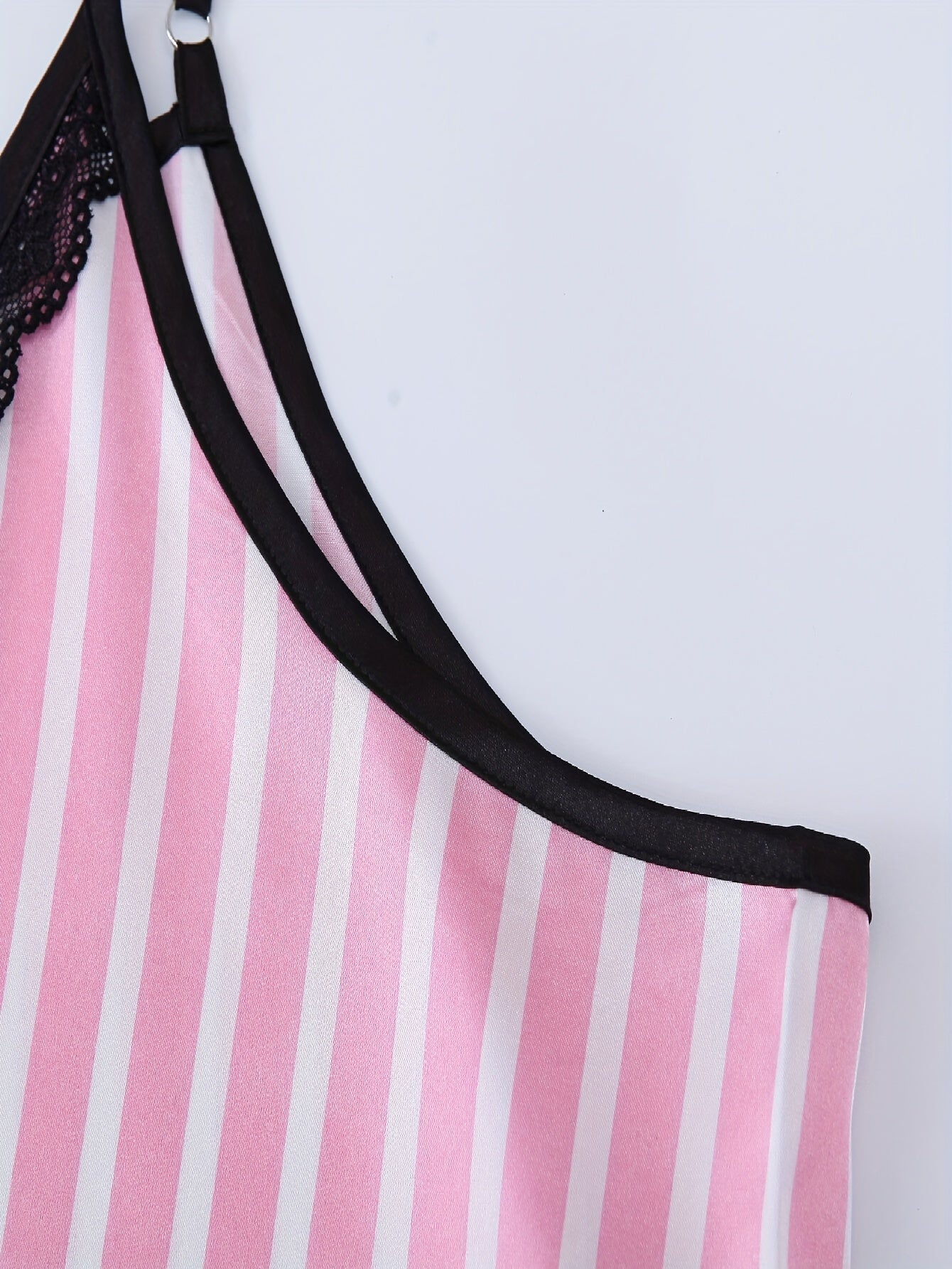  Striped Print Lace Trim Satin Cami Sleep Dress