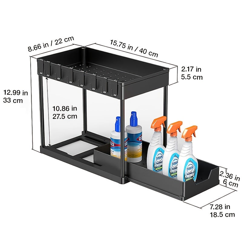 2 Tier Sliding Cabinet Basket Organizer with Hooks for Bathroom