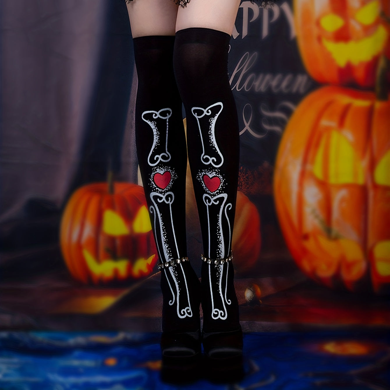 Bone Shaped Print Socks Y2K All match Over The Knee Socks Women's Stockings