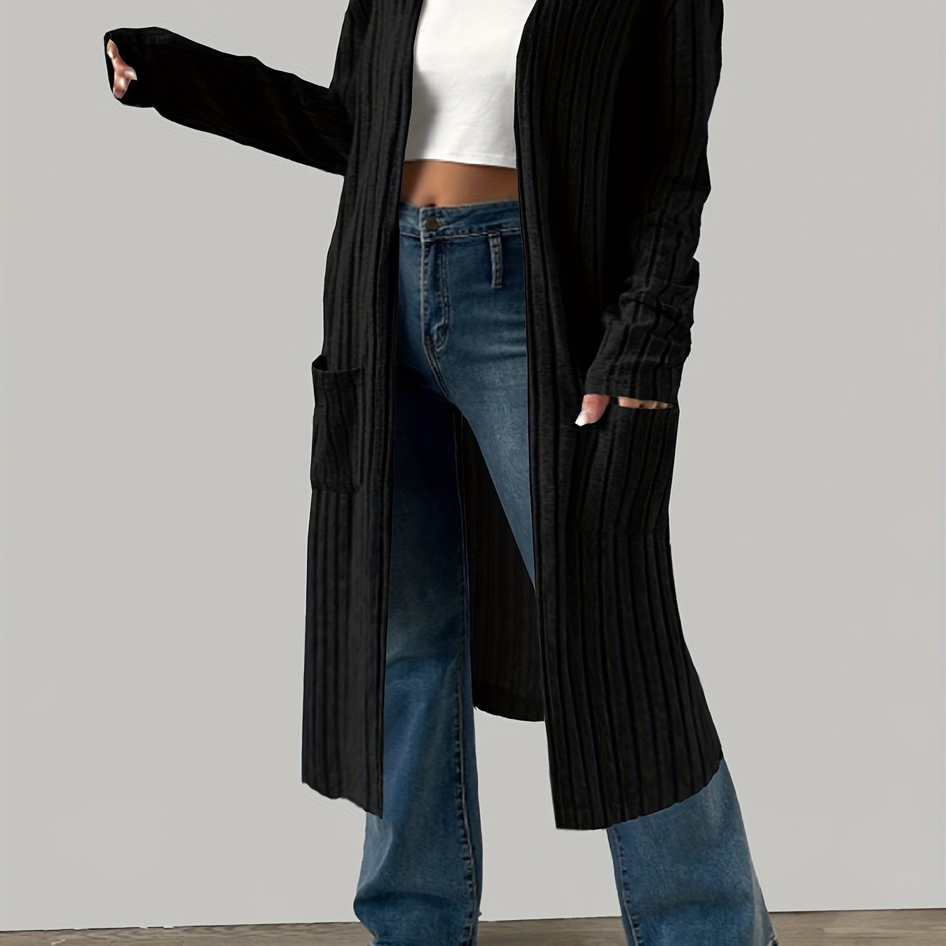  Solid Ribbed Long Sleeve Open Front Cardigan