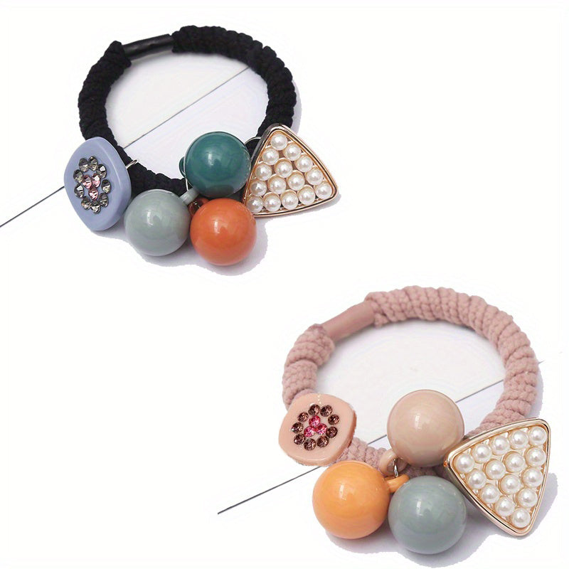 2pcs Candy Beaded Hair Tie Faux Pearl Decor Hair Rope Knitted Hair Tie