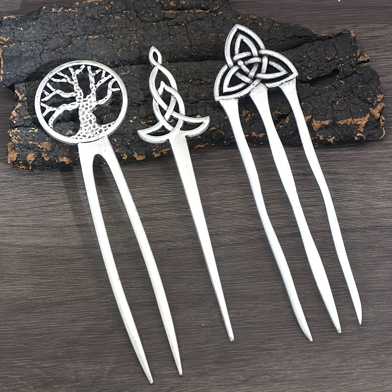 Vintage Viking Style Hairpin Tree Of Life Hairpin Celtic Knot Crescent Moon Silv