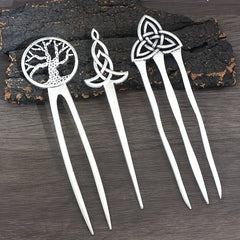 Vintage Viking Style Hairpin Tree Of Life Hairpin Celtic Knot Crescent Moon Silv