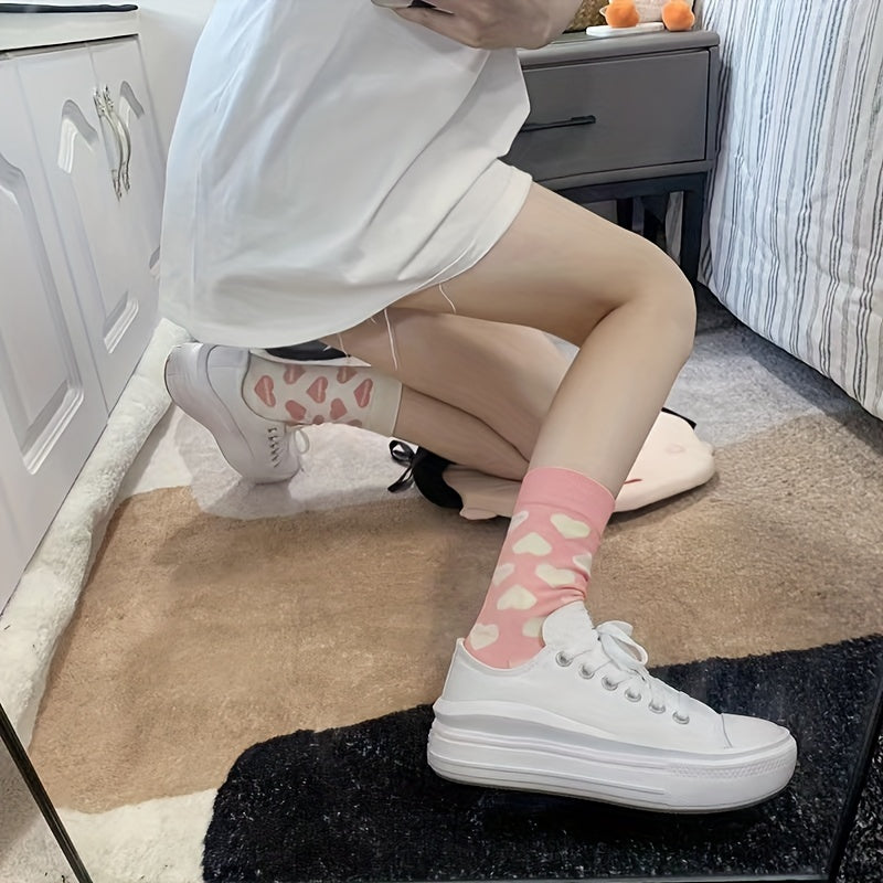 4 Pairs Heart Print Socks For Women Mid Tube Stockings Hosiery