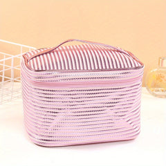 Stripe Printed Glossy Cosmetic Bag Waterproof Makeup Handbag