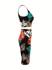 Tropical Print Sleeveless Two-piece Set & Skirt
