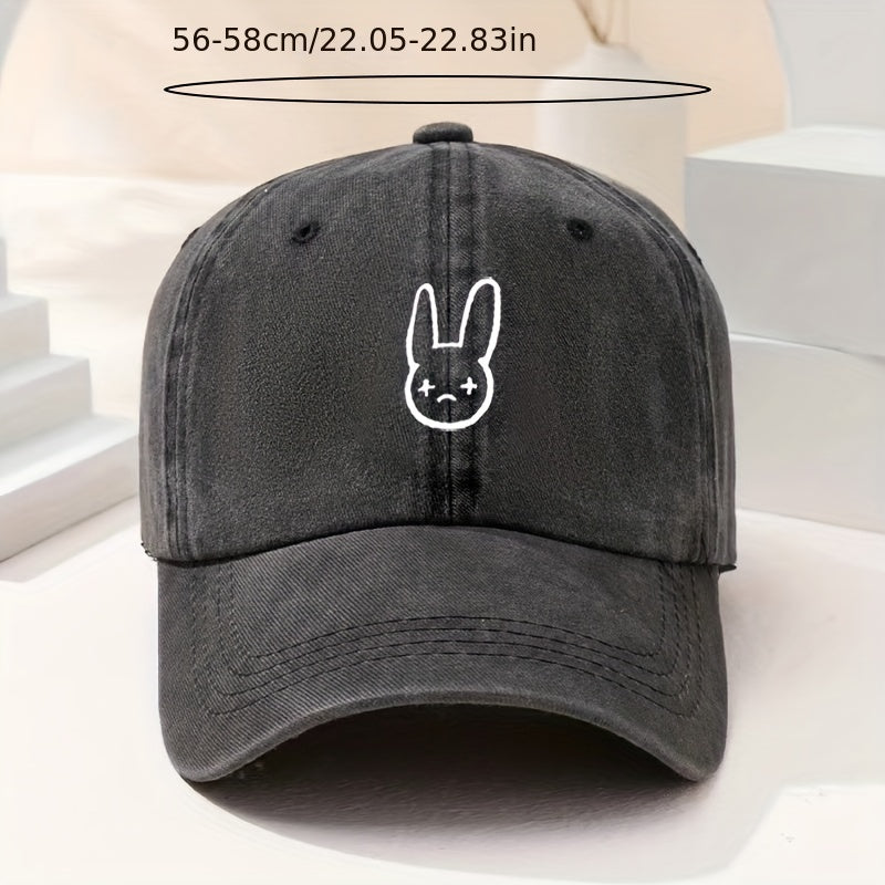 Cartoon Rabbit Print Baseball Cap Washed Distressed Bunny Dad Hats