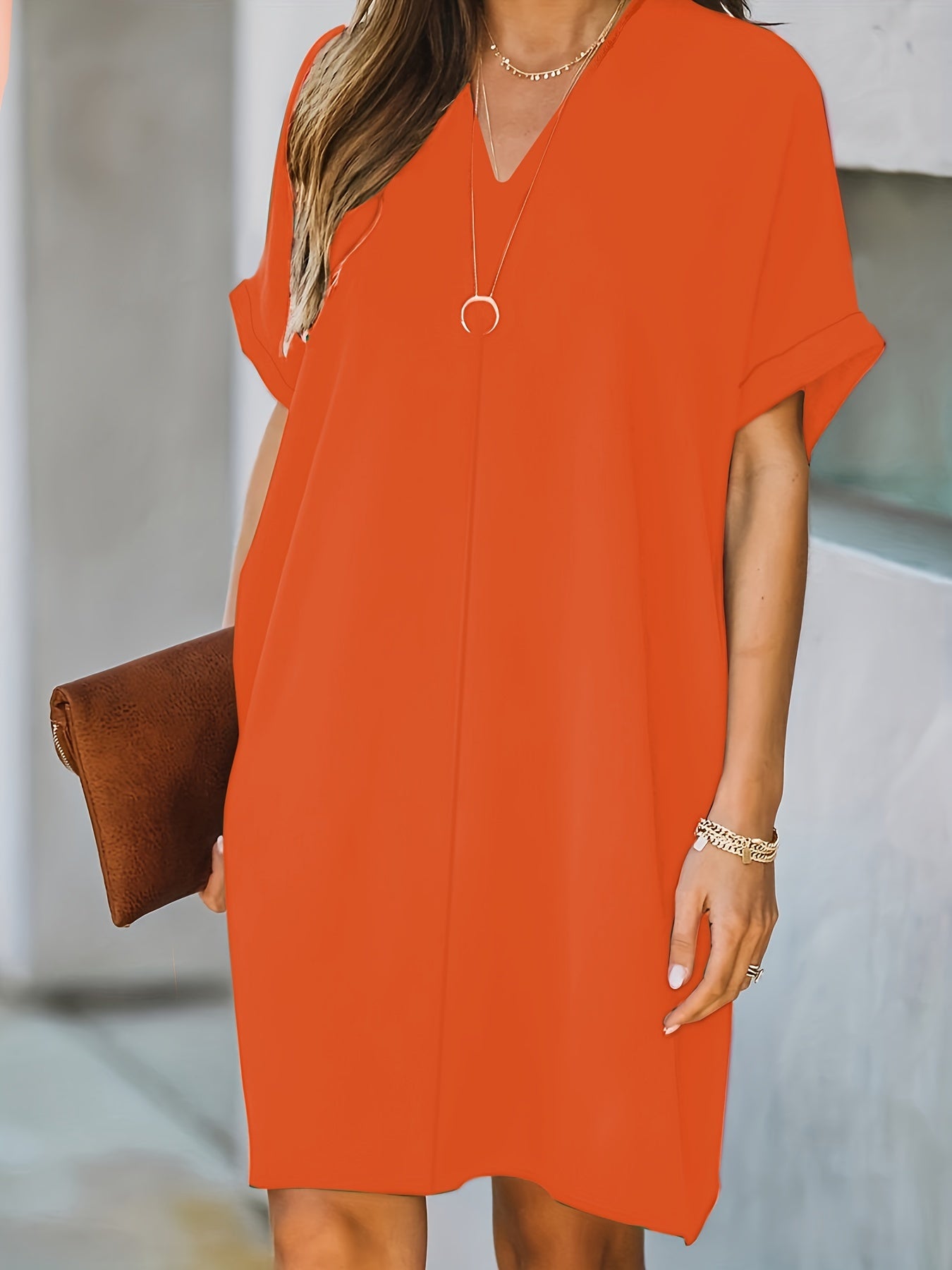 Solid V Neck Dress Short Sleeve Comfy Summer Mini Dress Women's Clothing
