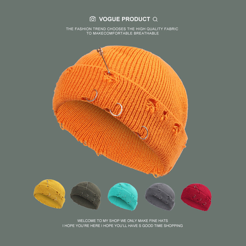 Iron Ring Pin Hole Knitted Wool Cap