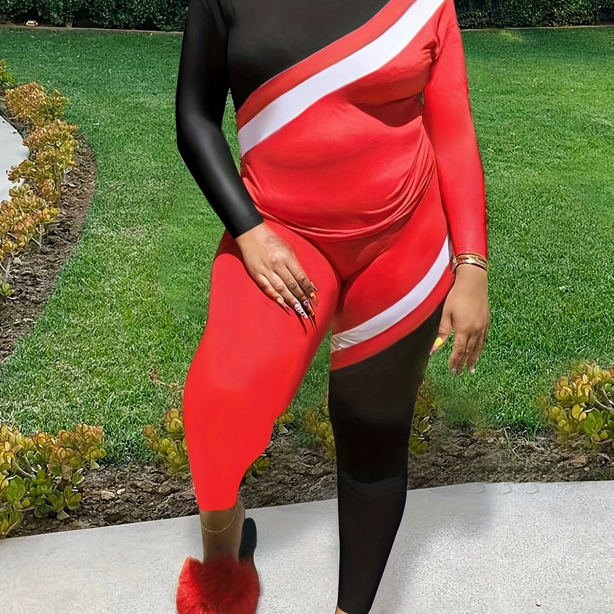  Colorblock Stripe Print Top & Leggings Set