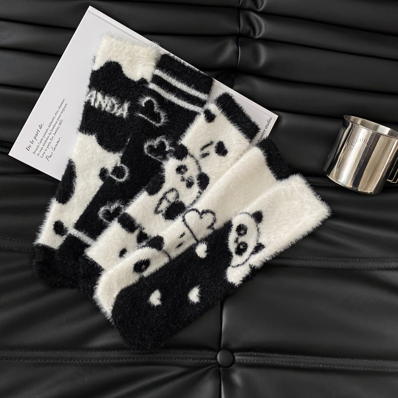 5 Pairs Panda Pattern Plush Socks Soft & Cozy Mid Tube Women's Stockings