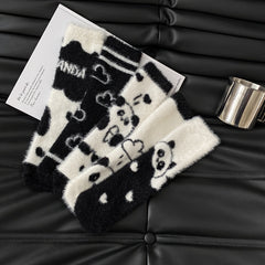5 Pairs Panda Pattern Plush Socks Soft & Cozy Mid Tube Women's Stockings