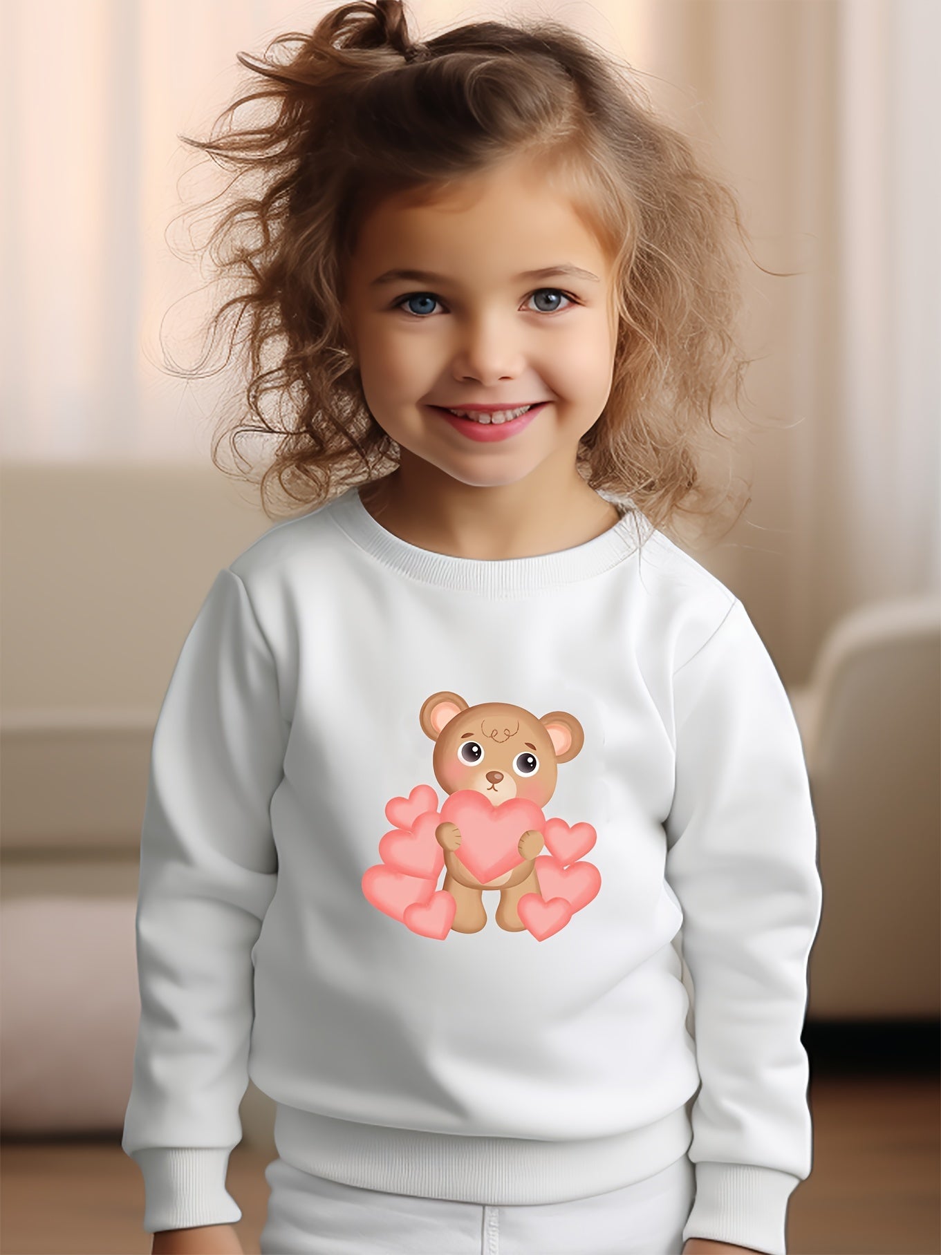 Girls Bear Pattern Crew Neck Sweatshirt For Spring Fall Christmas Gift