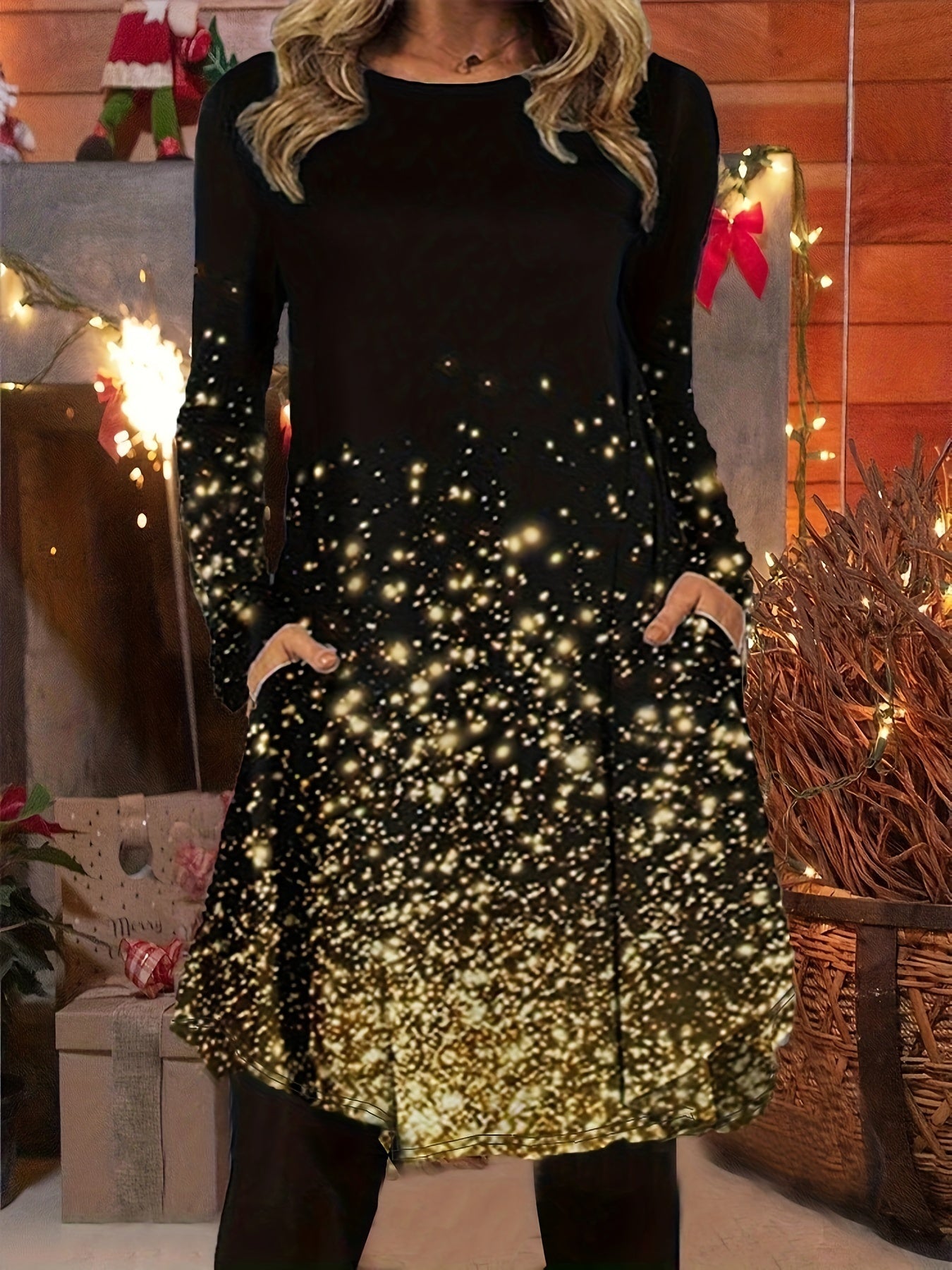  Women's Graphic Print Long Sleeve Dress With Pockets