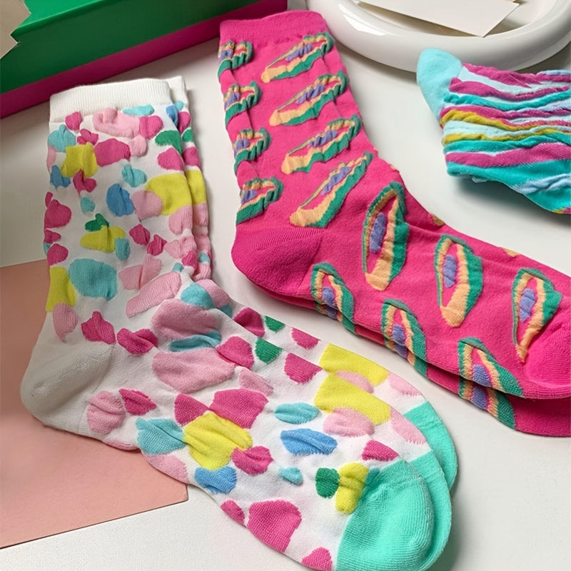 3 Pairs Colorblock 3D Textured Socks Breathable All match Women's Stockings