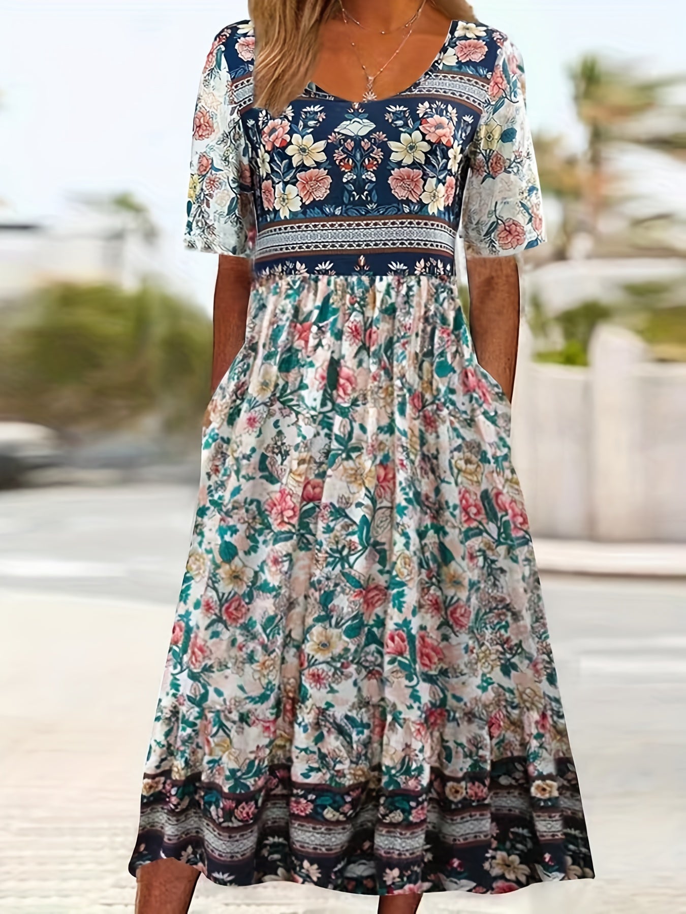 Boho Dress Colorblock Floral Print Maxi Dress With Pockets