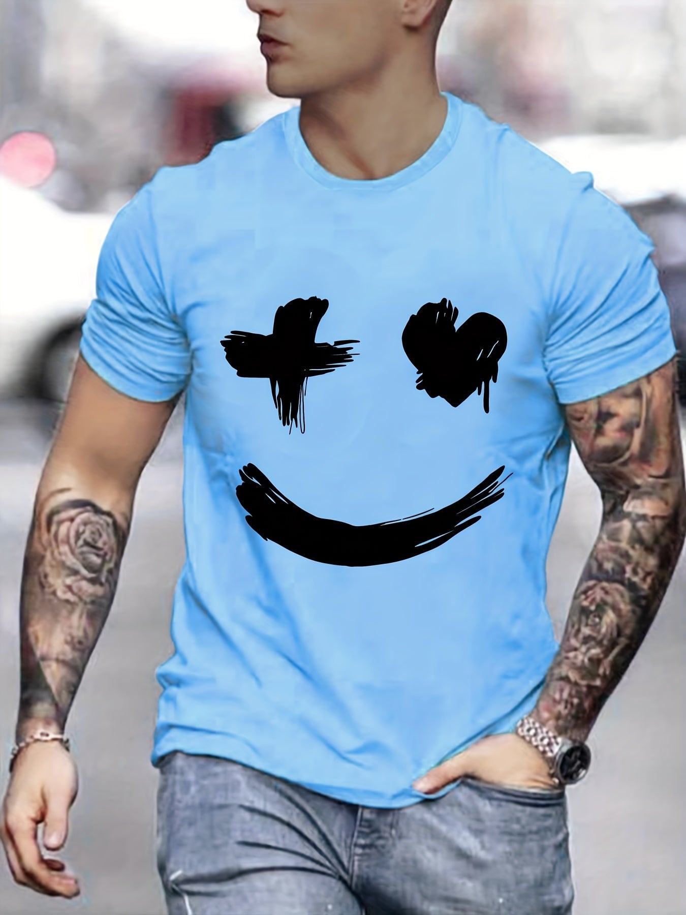 Men's Casual Smile Graphic Print Crew Neck Short Sleeve T-shirt