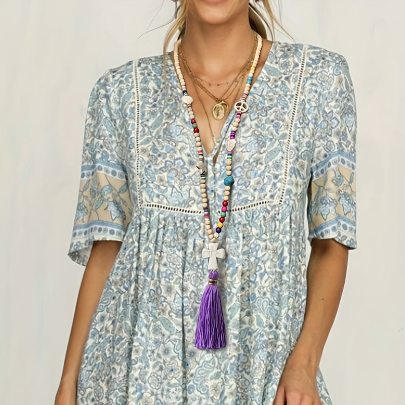 Colorful Beaded Tassel Long Necklace Stone Pendant Boho Summer Jewelry