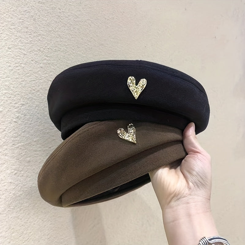 Metal Heart Label Beret Solid Beret Cap