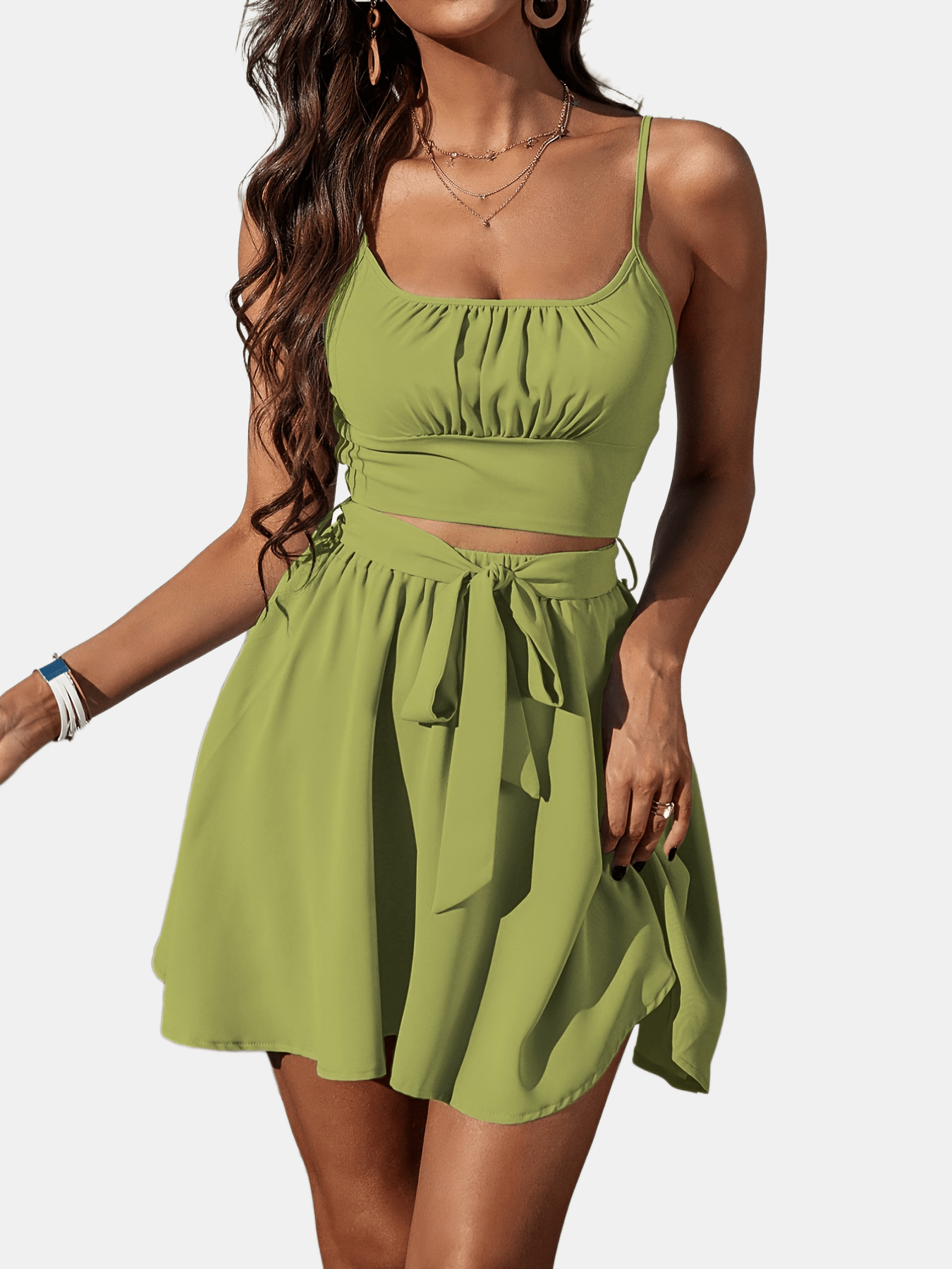 Solid Slim Two-piece Skirt Set Crop Ruched Cami Top & Skirt Outfit