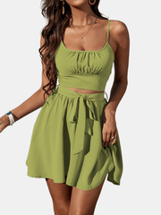 Solid Slim Two-piece Skirt Set Crop Ruched Cami Top & Skirt Outfit