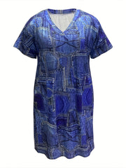  Denim Print V-Neck Midi Dress with Pockets
