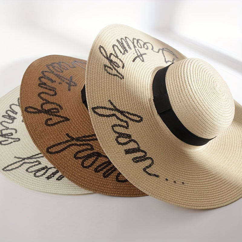 Sequin Letter Embroidery Floppy Straw Hat Wide Brim Travel Beach Hats