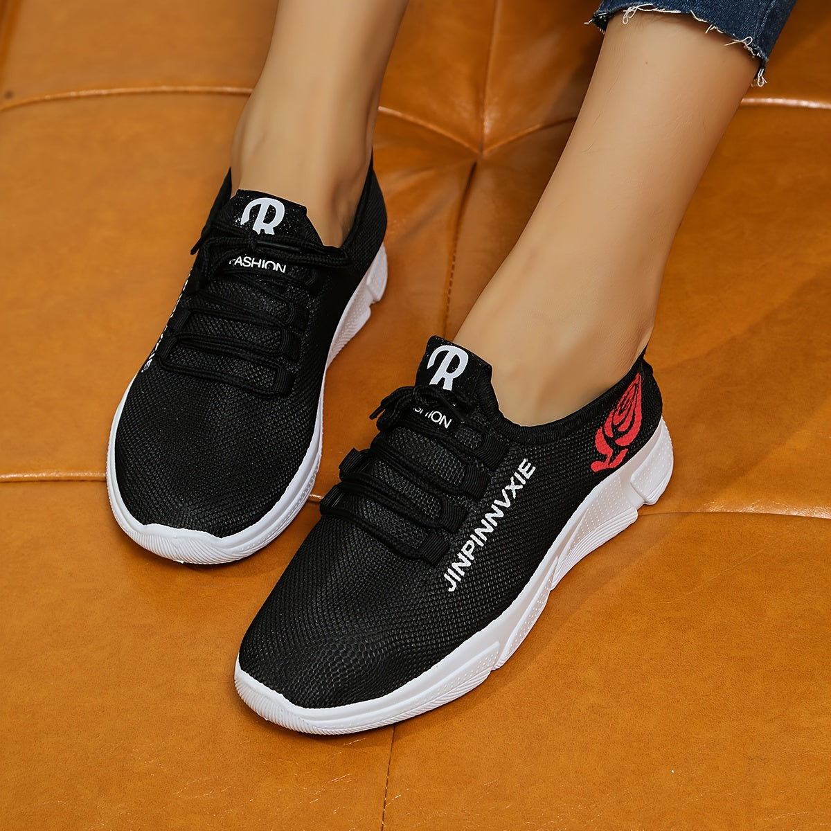 Women's Rose & Letter Mesh Running Shoes Lace up Sneakers