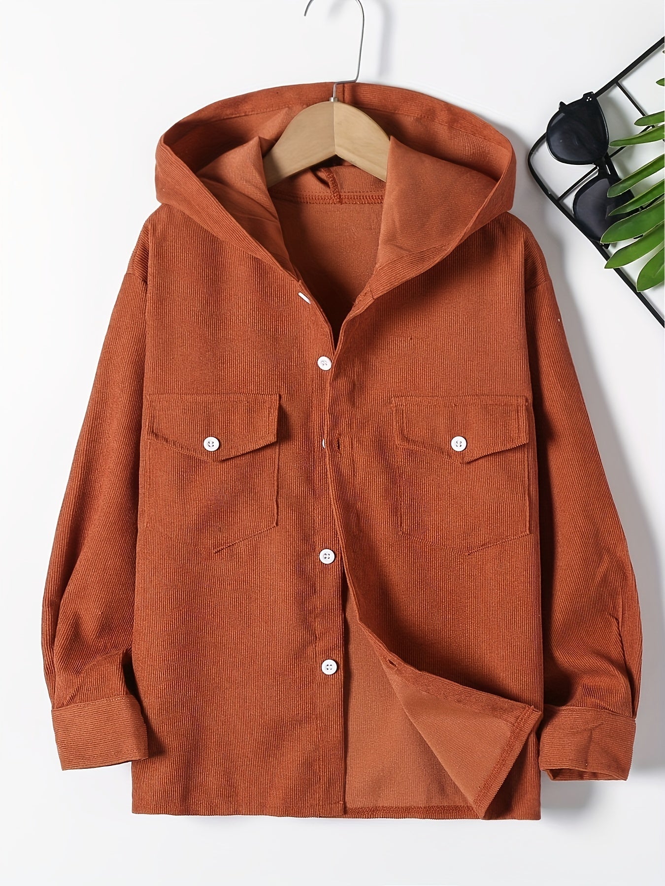 Boys Corduroy Hooded Shirts Long Sleeve Button Down Tops