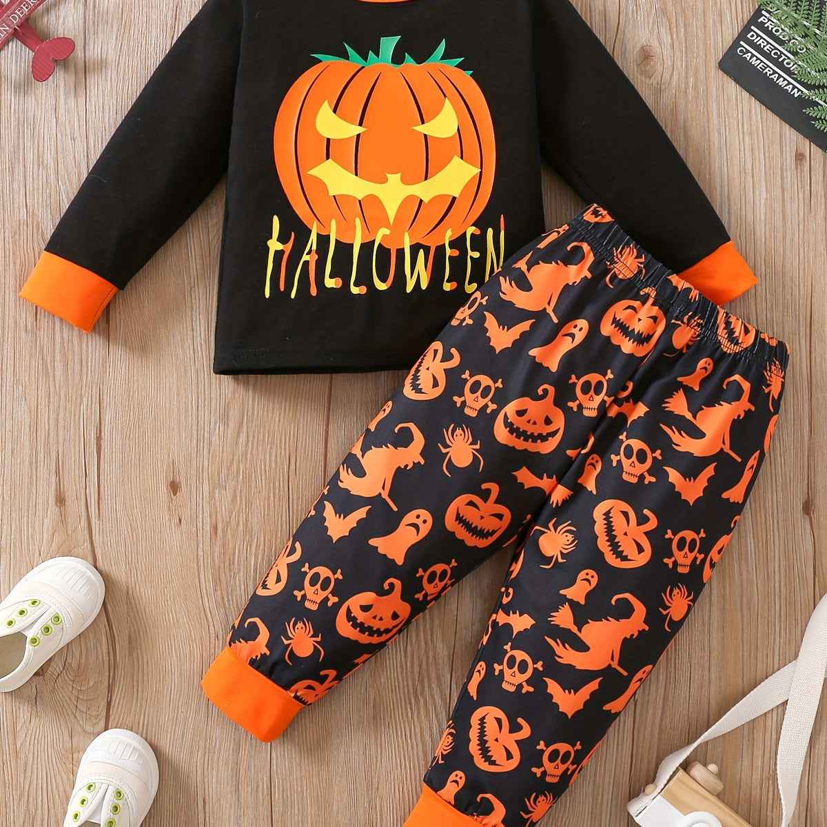 Halloween Print Toddler Kid's Pajamas - Pumpkin Pattern Loungewear Set