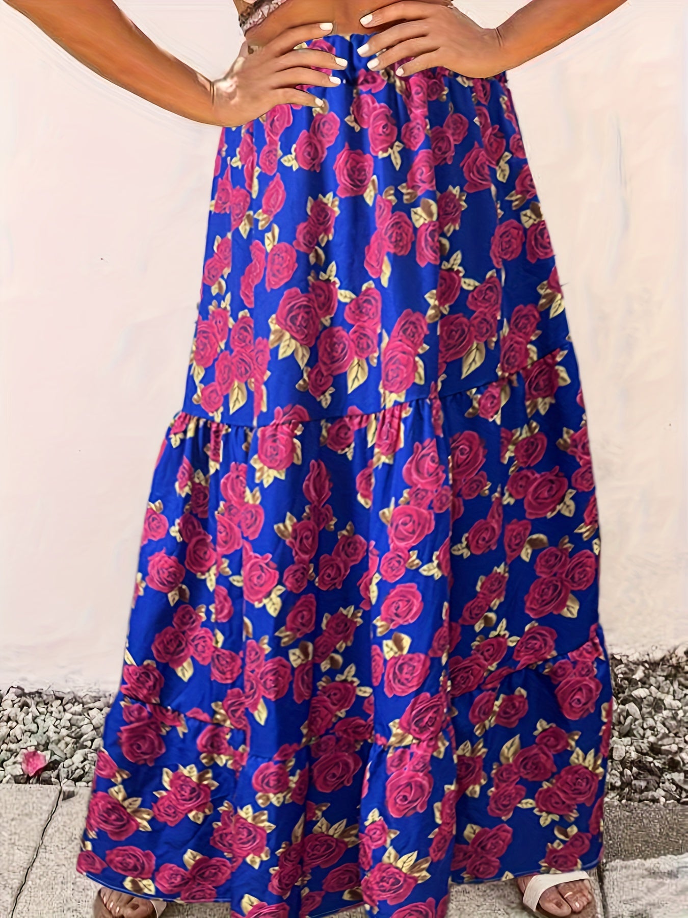  Boho Skirt Women's Plus Allover Rose Print Elastic Waisted Maxi Smock