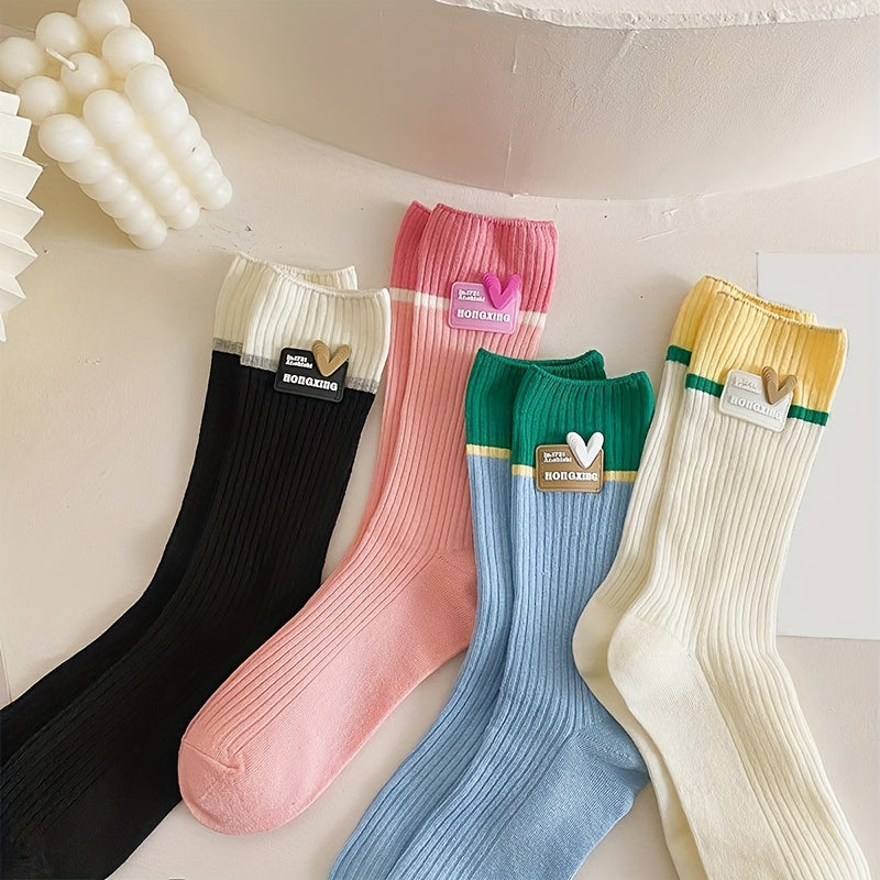 Heart Pattern Ribbed Socks Breathable Women's Mid Tube Stockings