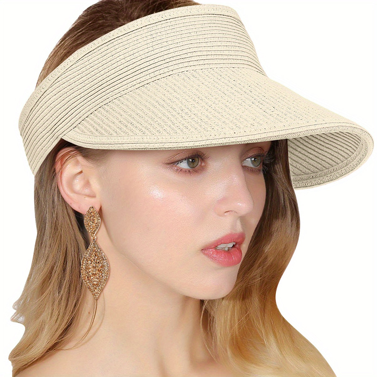Solid Straw Visor Hat Foldable UV Protection Sun Hat for Women
