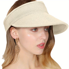 Solid Straw Visor Hat Foldable UV Protection Sun Hat for Women