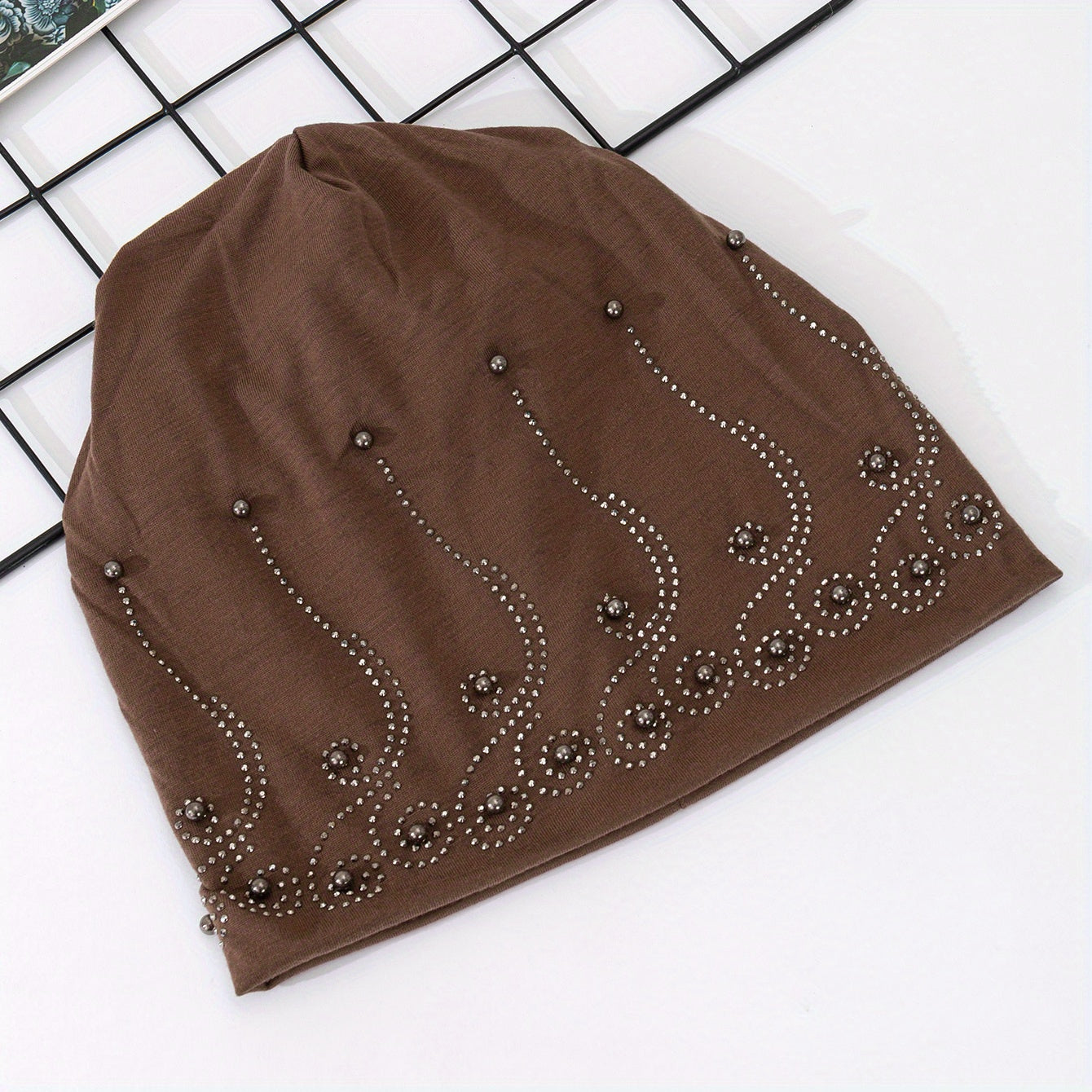 Rhinestone Decor Casual Beanie Solid Slouchy Hats For Women