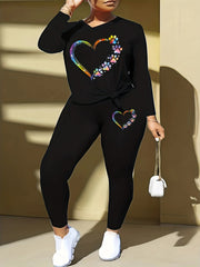Women's Plus Paw & Heart Print Long Sleeve V Neck Top & Leggings Outfits Set
