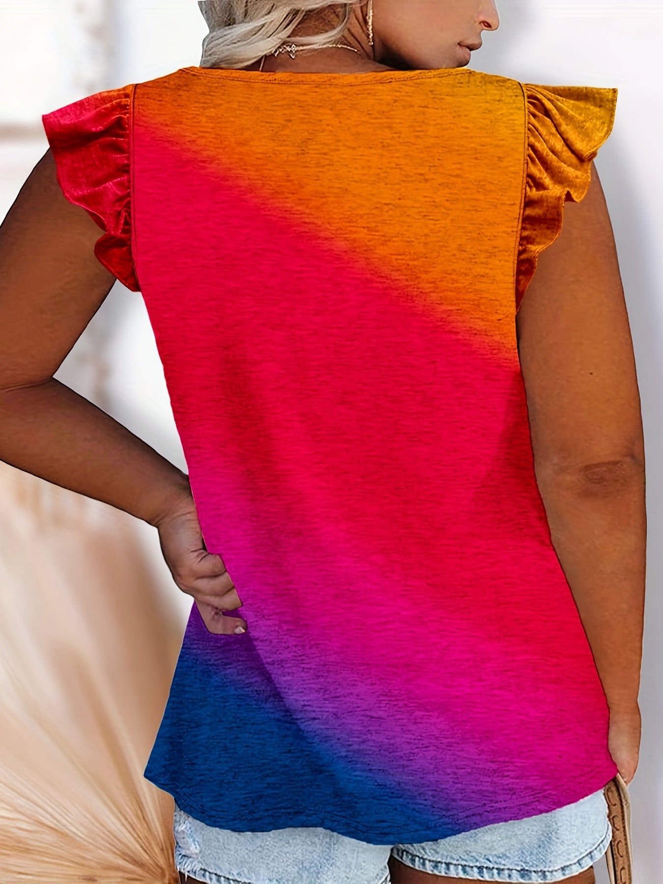  Colorblock Leopard Print Ruffle Sleeve Tank Top