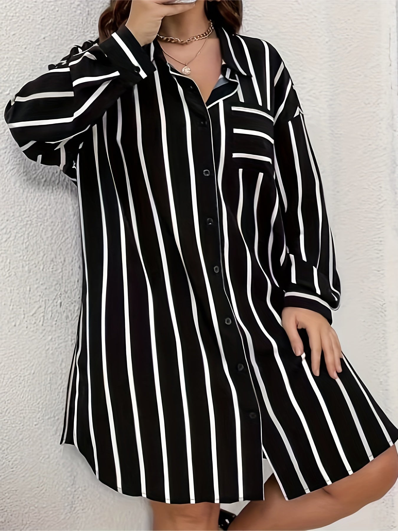  Stripe Print Button Up Long Sleeve Shirt Dress