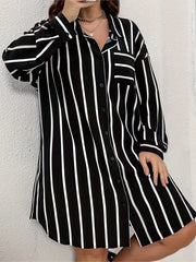  Stripe Print Button Up Long Sleeve Shirt Dress