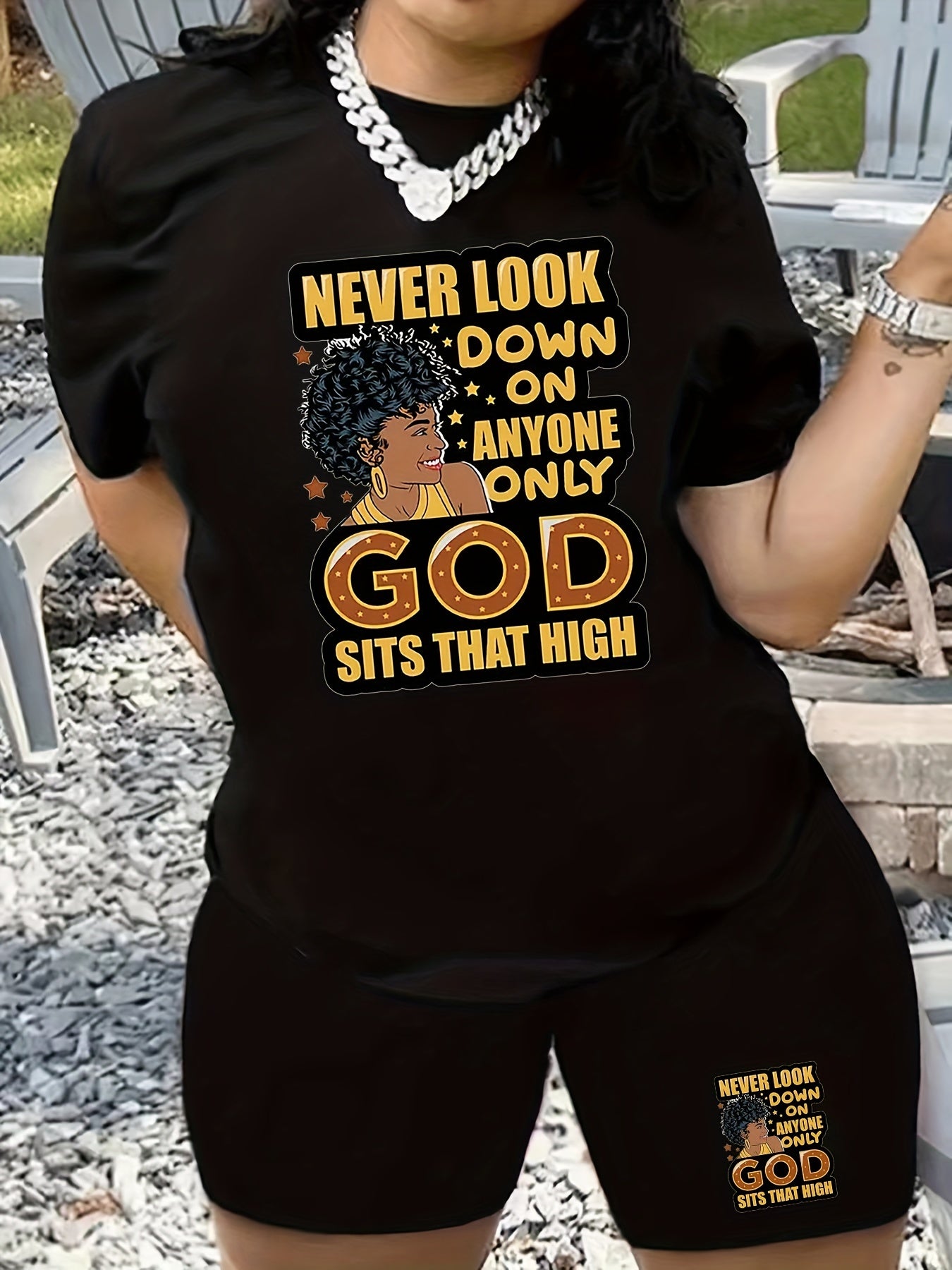  Casual 2pcs Set Women's Plus Graphic Print Tee & Biker Shorts