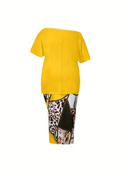  Cross Print Top & Leopard Print Skirt Set