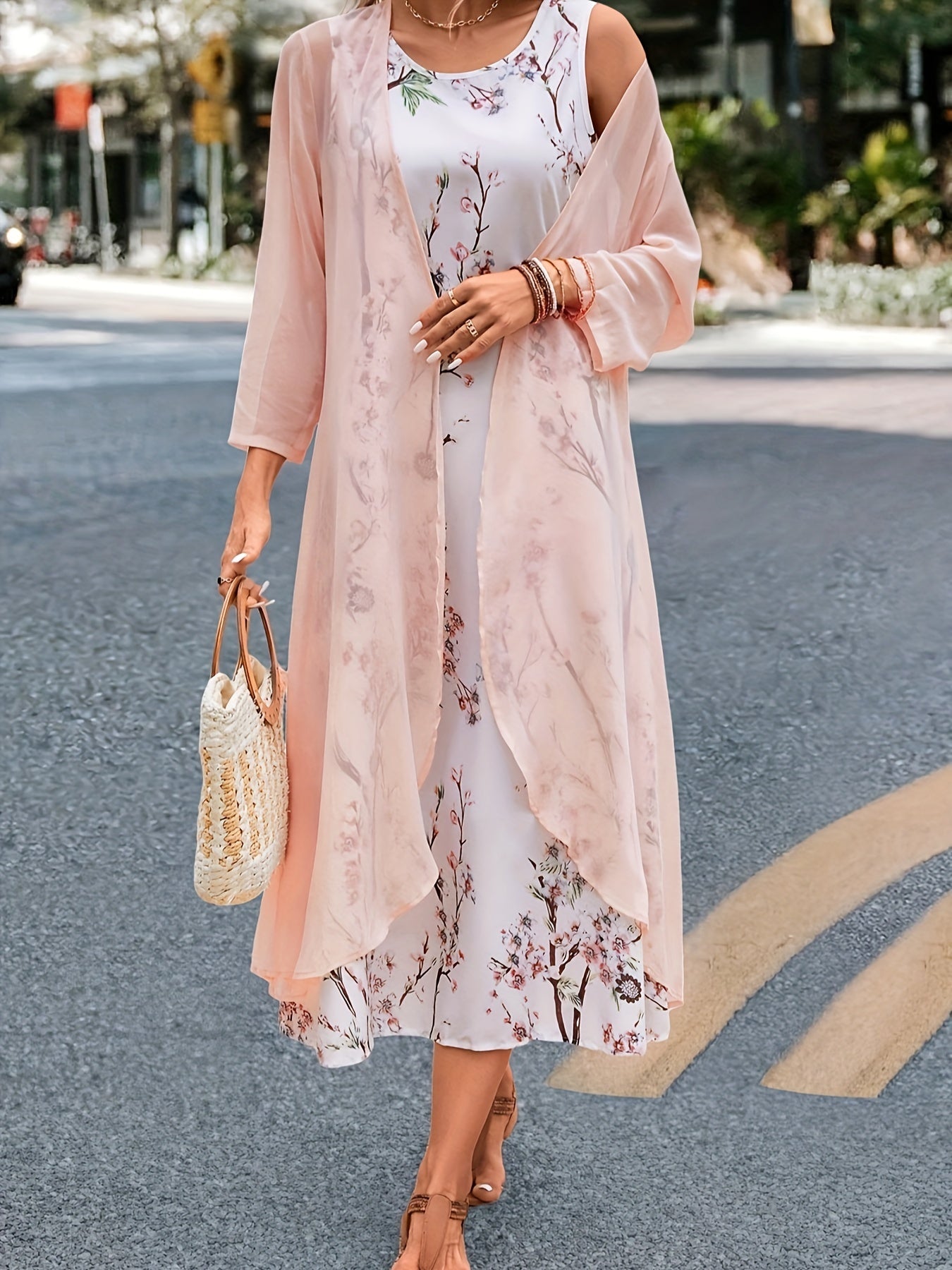  Floral Tank Dress & Cardigan 2 Piece Set