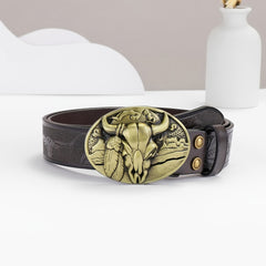 Men's Embossed Leather Belt With Bull Head Buckle Vintage Leather Belt