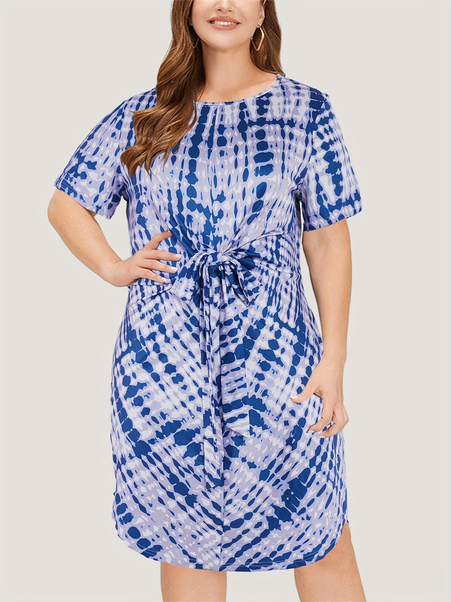 Tie Dye Short Sleeve Round Neck Belted Dress